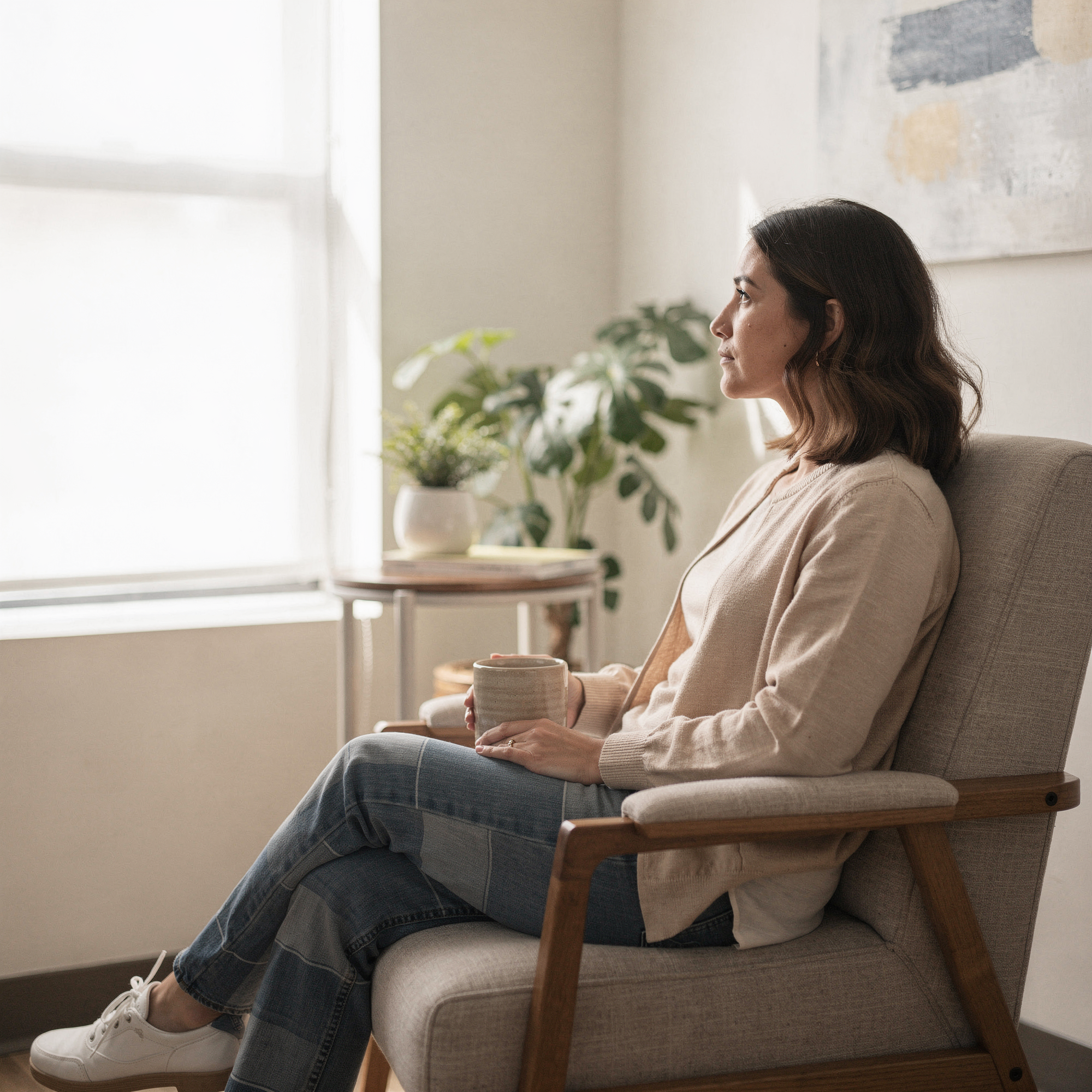 Woman sitting in a comfortable chair holding a mug, looking peacefully out a bright window in a calm clinical setting